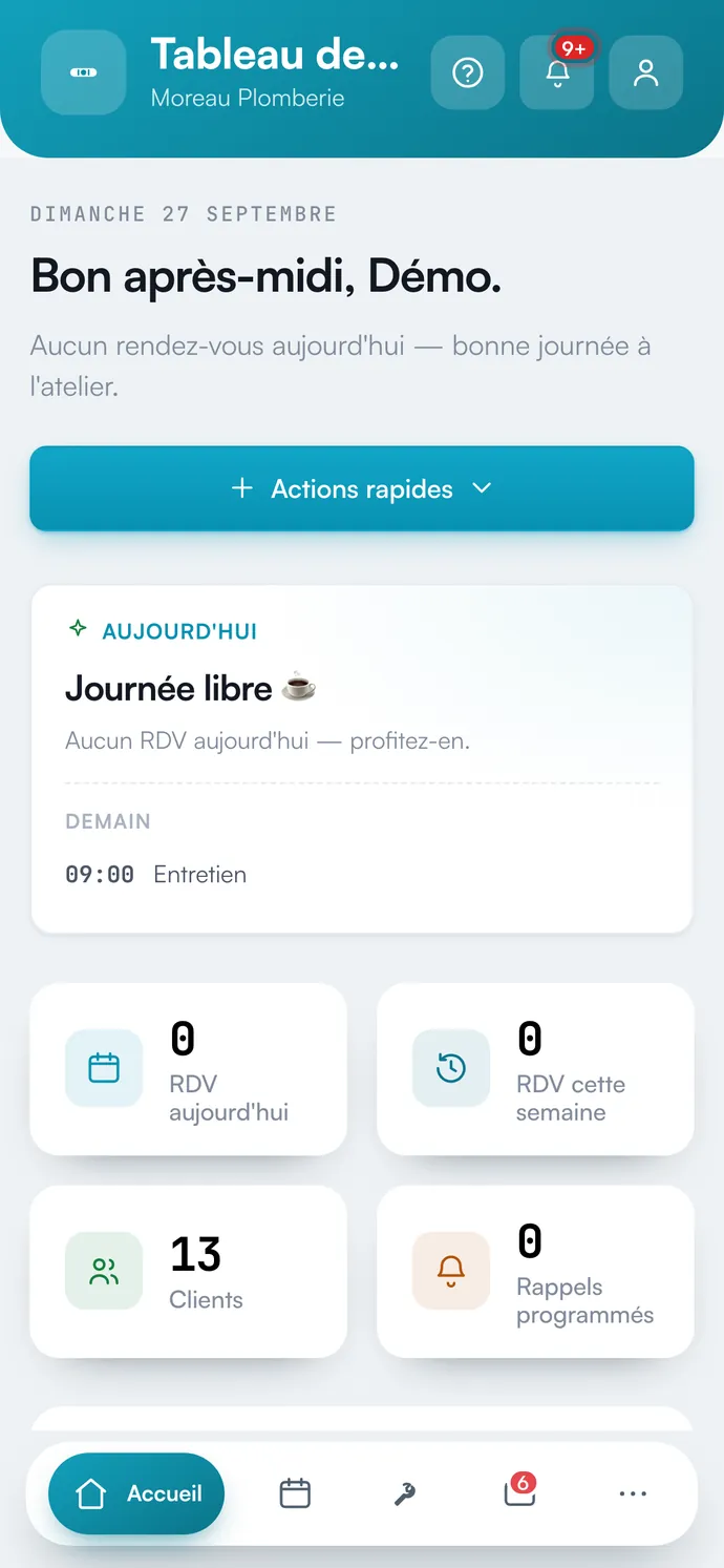 Tableau de bord de Niveau Pro sur téléphone