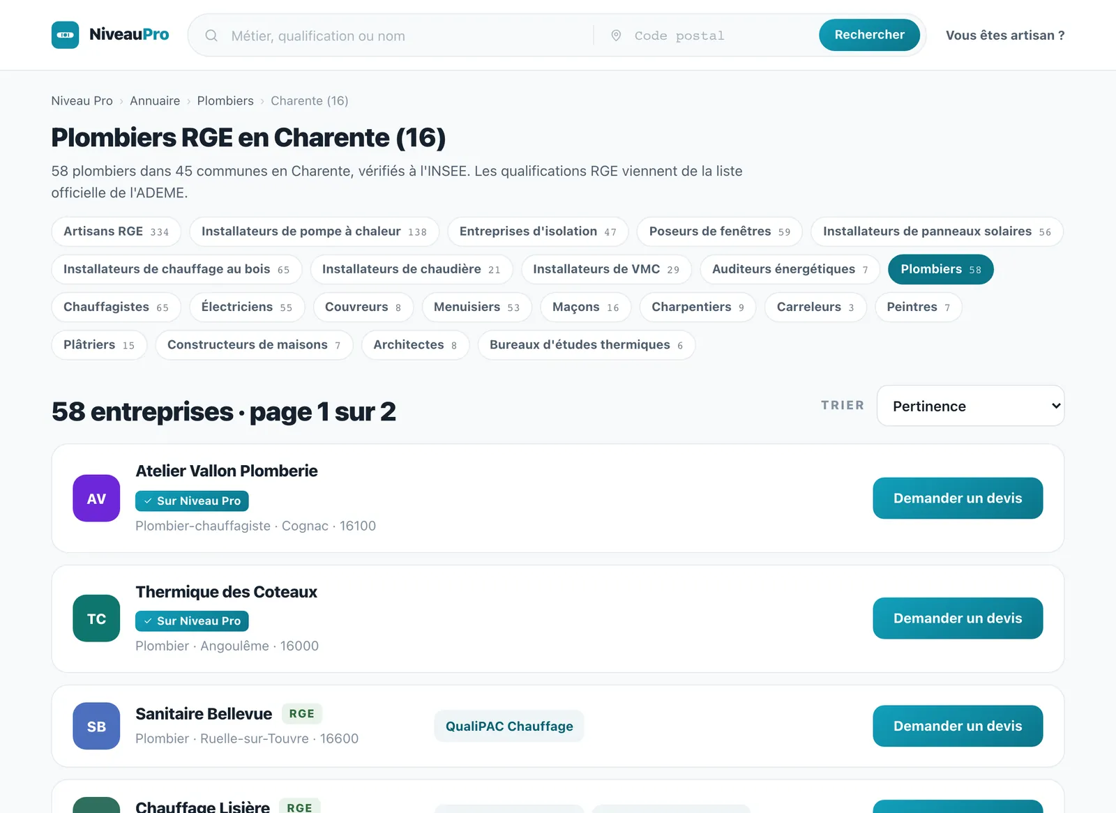 Annuaire des plombiers RGE de Charente sur Niveau Pro (entreprises fictives)